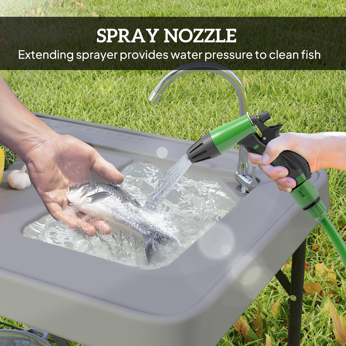 Outsunny Folding Fish Cleaning Table with Sink, Portable Camping Sink Station with Faucet, Drainage Hose, Sprayer and Grid Rack, Outdoor Fillet Table for Picnic Beach Patio, Gray - CookCave
