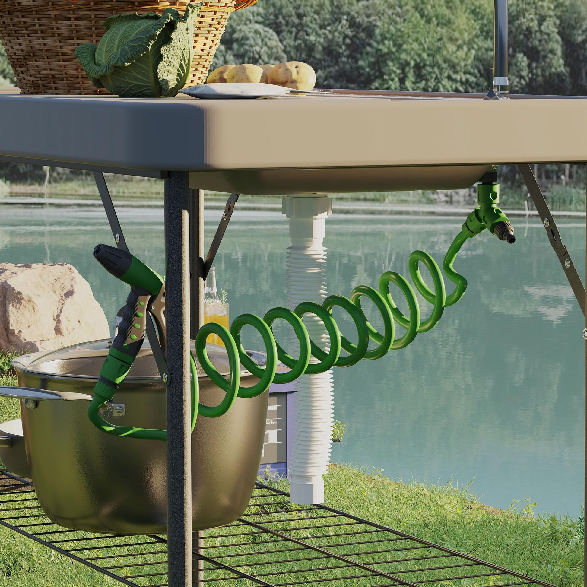 Outsunny Folding Fish Cleaning Table with Sink, Portable Camping Sink Station with Faucet, Drainage Hose, Sprayer and Grid Rack, Outdoor Fillet Table for Picnic Beach Patio, Gray - CookCave
