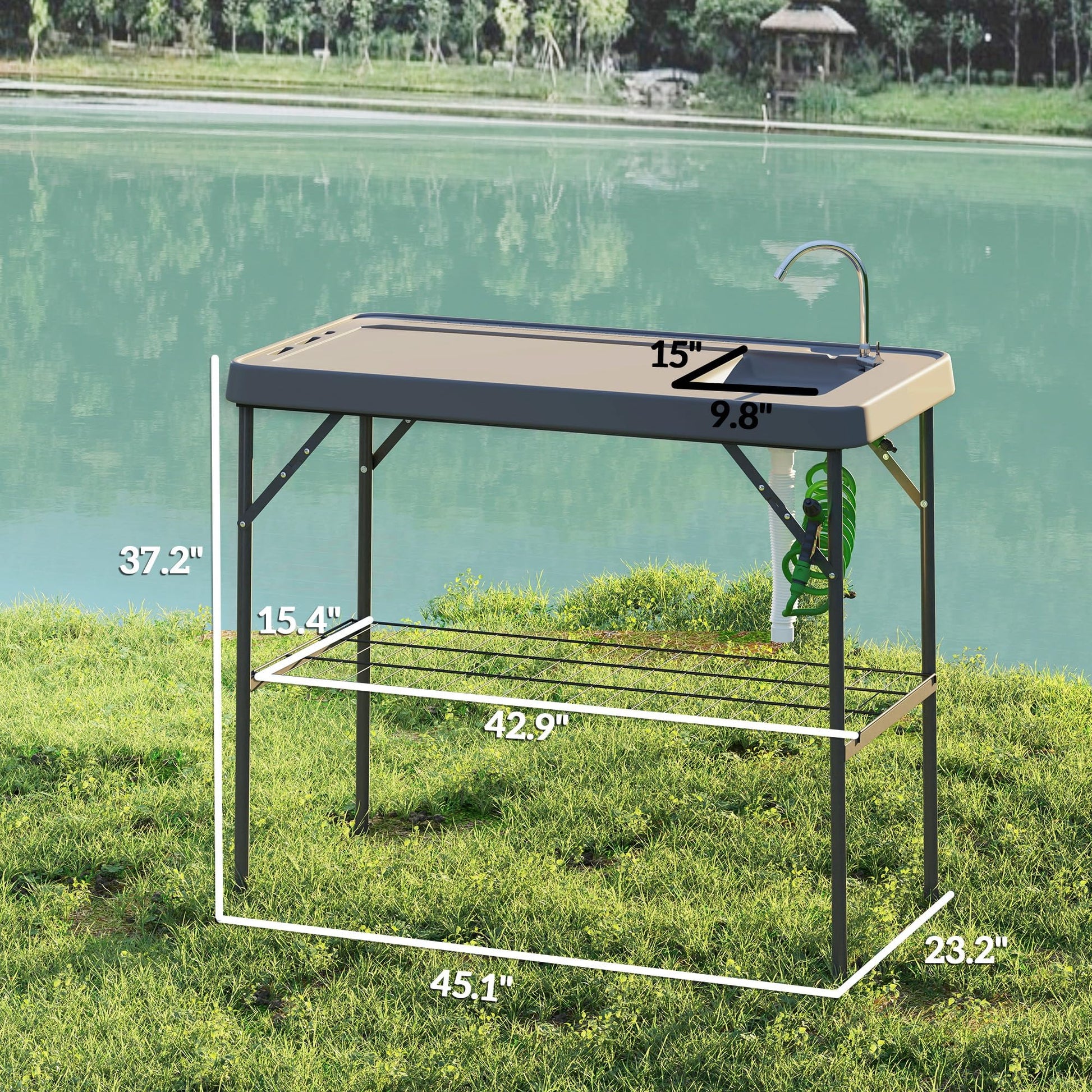 Outsunny Folding Fish Cleaning Table with Sink, Portable Camping Sink Station with Faucet, Drainage Hose, Sprayer and Grid Rack, Outdoor Fillet Table for Picnic Beach Patio, Gray - CookCave