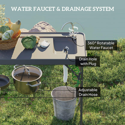 Outsunny Folding Fish Cleaning Table with Sink, Portable Camping Sink Station with Faucet, Drainage Hose, Sprayer and Grid Rack, Outdoor Fillet Table for Picnic Beach Patio, Gray - CookCave