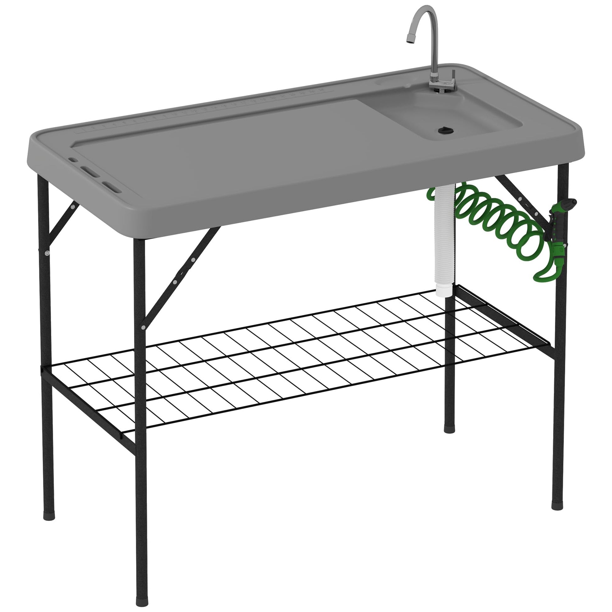 Outsunny Folding Fish Cleaning Table with Sink, Portable Camping Sink Station with Faucet, Drainage Hose, Sprayer and Grid Rack, Outdoor Fillet Table for Picnic Beach Patio, Gray - CookCave