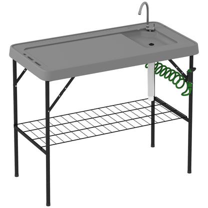Outsunny Folding Fish Cleaning Table with Sink, Portable Camping Sink Station with Faucet, Drainage Hose, Sprayer and Grid Rack, Outdoor Fillet Table for Picnic Beach Patio, Gray - CookCave