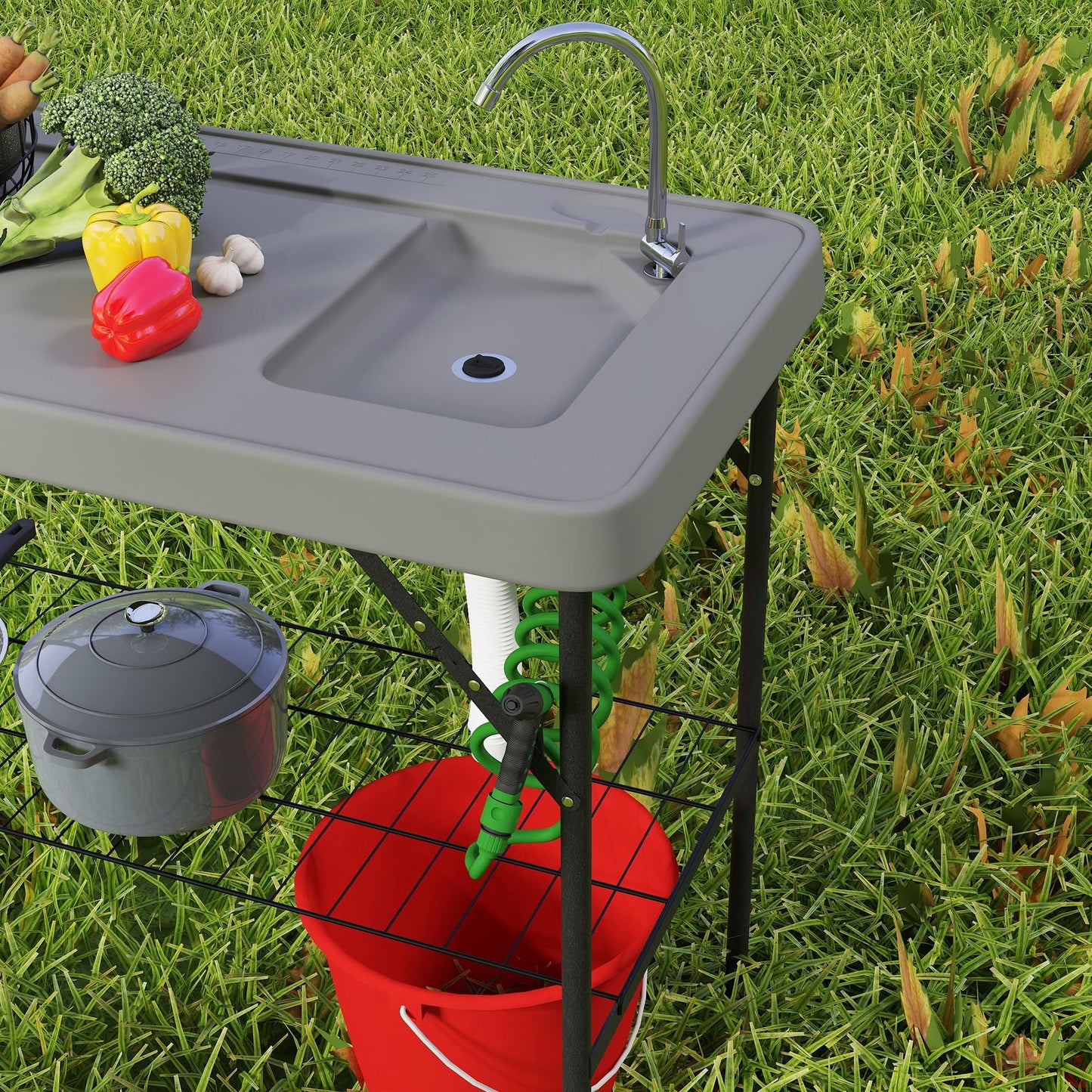 Outsunny Folding Fish Cleaning Table with Sink, Portable Camping Sink Station with Faucet, Drainage Hose, Sprayer and Grid Rack, Outdoor Fillet Table for Picnic Beach Patio, Gray - CookCave