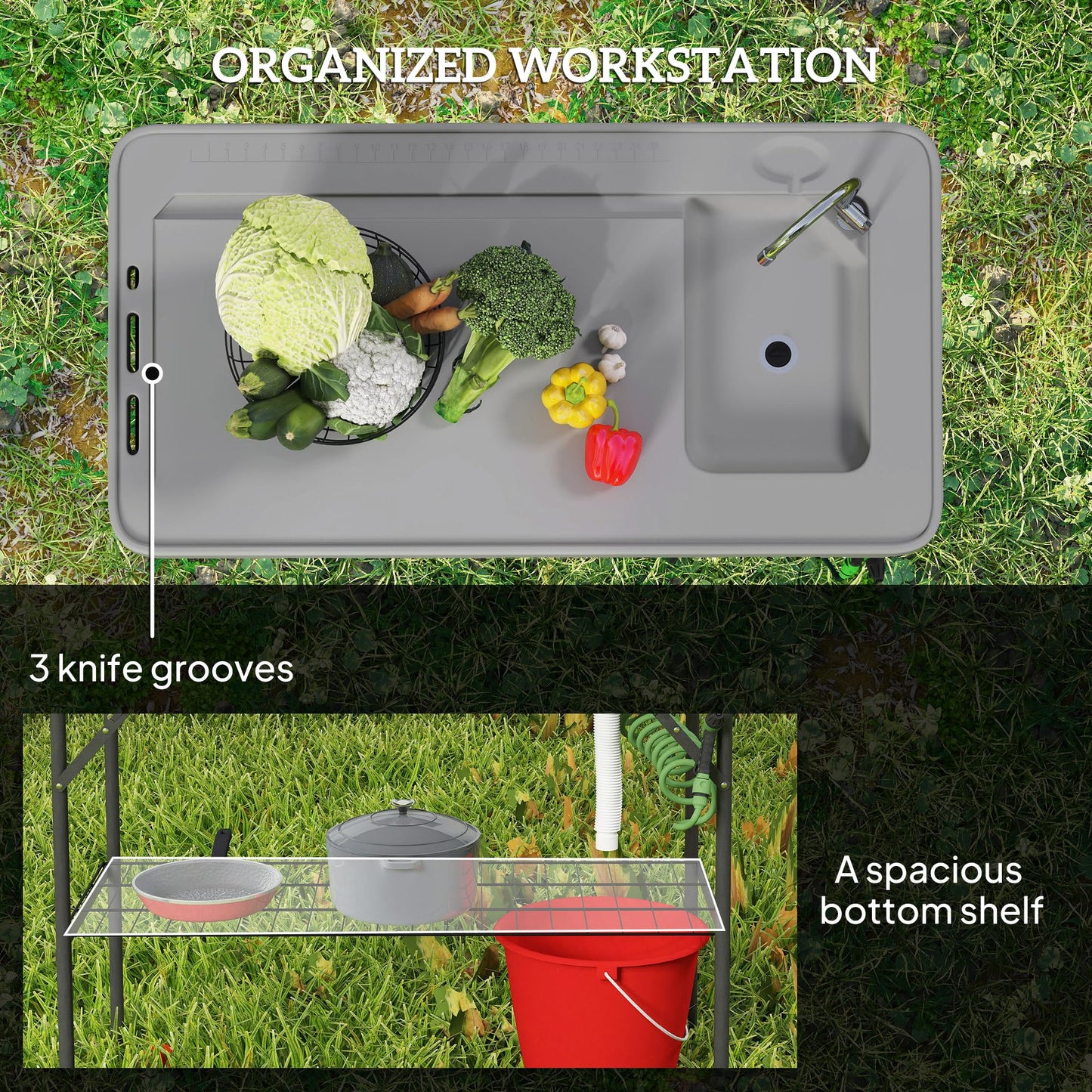 Outsunny Folding Fish Cleaning Table with Sink, Portable Camping Sink Station with Faucet, Drainage Hose, Sprayer and Grid Rack, Outdoor Fillet Table for Picnic Beach Patio, Gray - CookCave