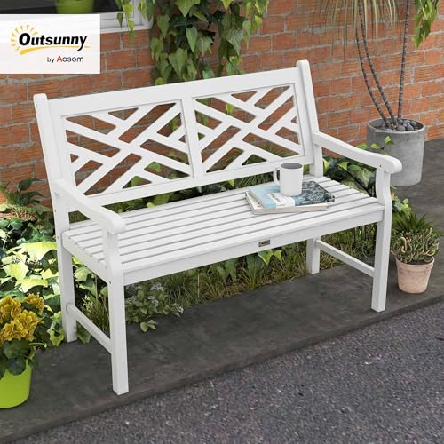 Outsunny Outdoor Garden Bench, Wooden Frame Patio Bench with Geometric Pattern, 43.25 Inch Weatherproof 2-Person Love Seat for Garden, Lawn, Porch, Yard, Work Entryway, White - CookCave