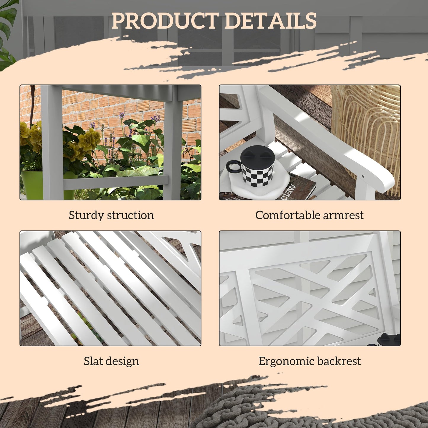 Outsunny Outdoor Garden Bench, Wooden Frame Patio Bench with Geometric Pattern, 43.25 Inch Weatherproof 2-Person Love Seat for Garden, Lawn, Porch, Yard, Work Entryway, White - CookCave