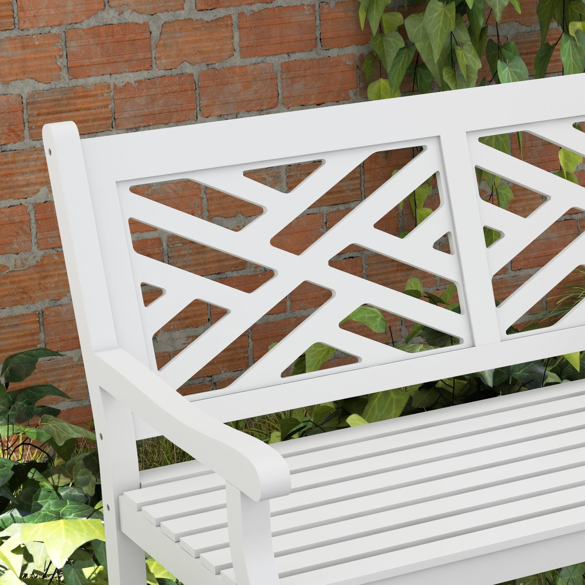 Outsunny Outdoor Garden Bench, Wooden Frame Patio Bench with Geometric Pattern, 43.25 Inch Weatherproof 2-Person Love Seat for Garden, Lawn, Porch, Yard, Work Entryway, White - CookCave