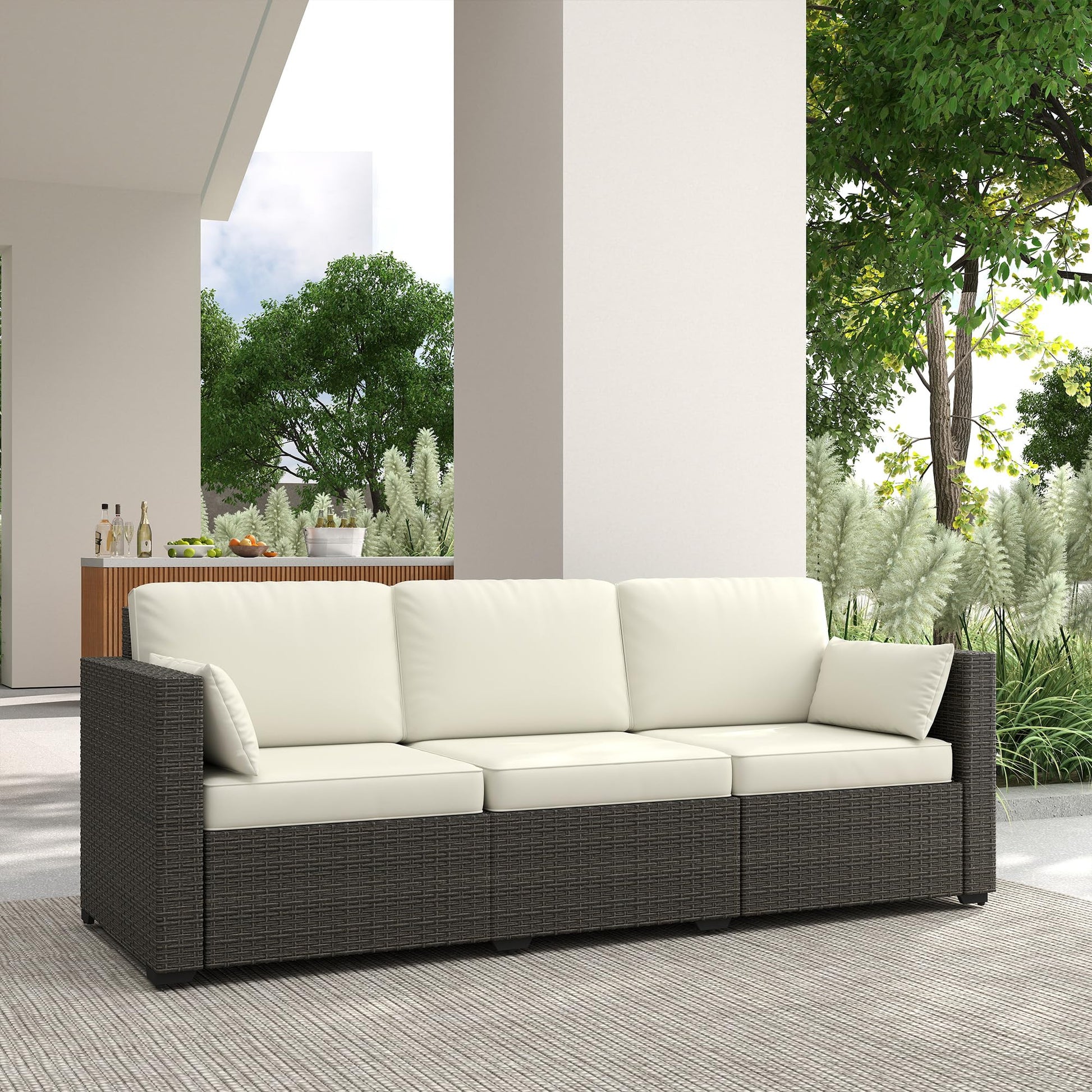 Outsunny Patio Couch PE Wicker Deep Seating Outdoor Sofa with Removable Cushions, 3 Seater Rattan Sofa, Outdoor Furniture for Balcony, Deck, Garden and Poolside, Cream White - CookCave