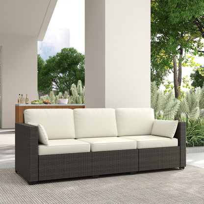 Outsunny Patio Couch PE Wicker Deep Seating Outdoor Sofa with Removable Cushions, 3 Seater Rattan Sofa, Outdoor Furniture for Balcony, Deck, Garden and Poolside, Cream White - CookCave