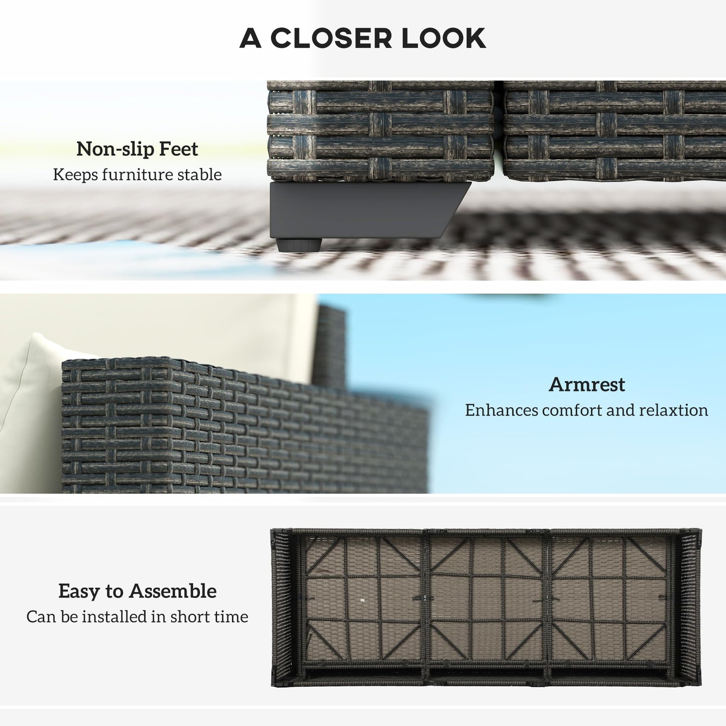 Outsunny Patio Couch PE Wicker Deep Seating Outdoor Sofa with Removable Cushions, 3 Seater Rattan Sofa, Outdoor Furniture for Balcony, Deck, Garden and Poolside, Cream White - CookCave