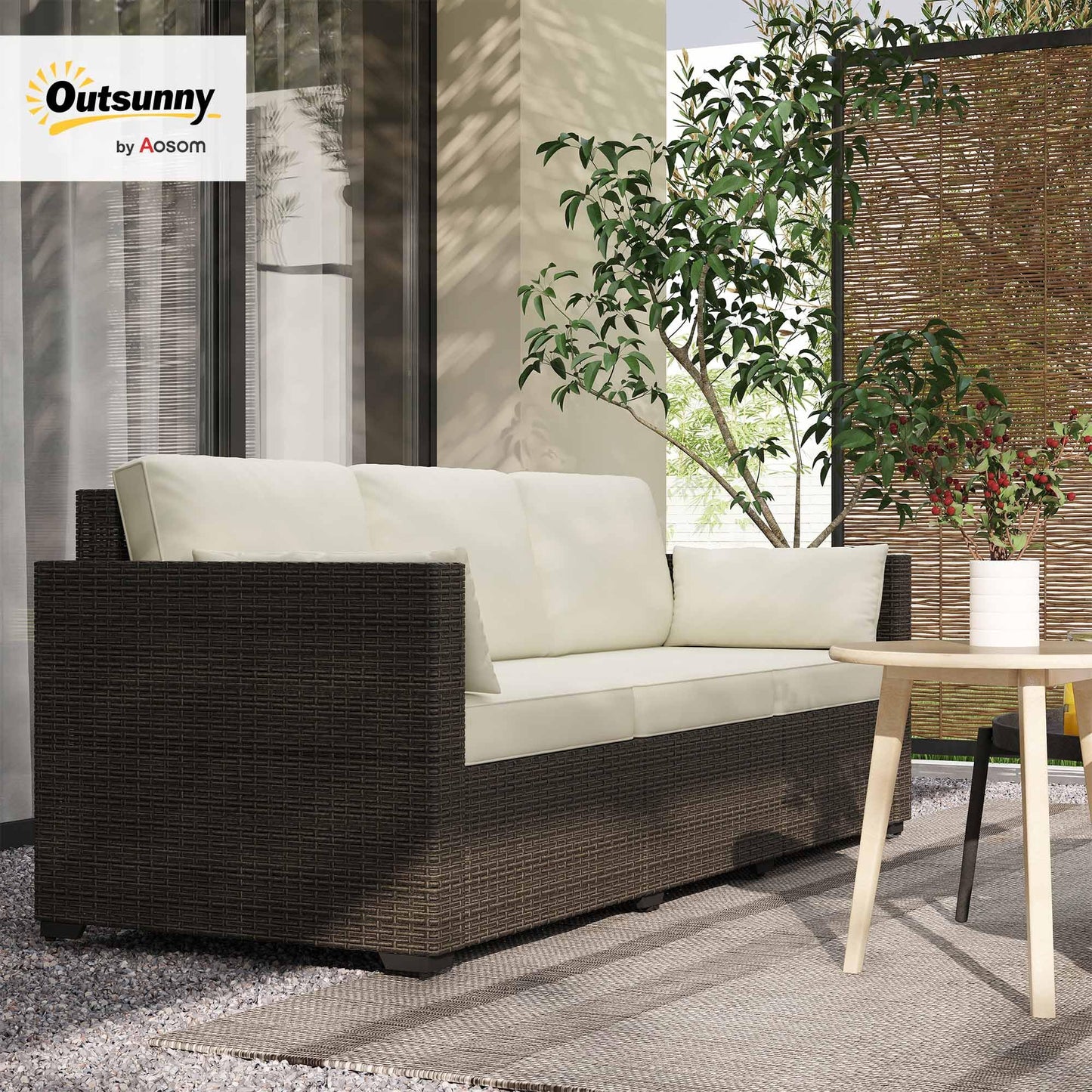 Outsunny Patio Couch PE Wicker Deep Seating Outdoor Sofa with Removable Cushions, 3 Seater Rattan Sofa, Outdoor Furniture for Balcony, Deck, Garden and Poolside, Cream White - CookCave