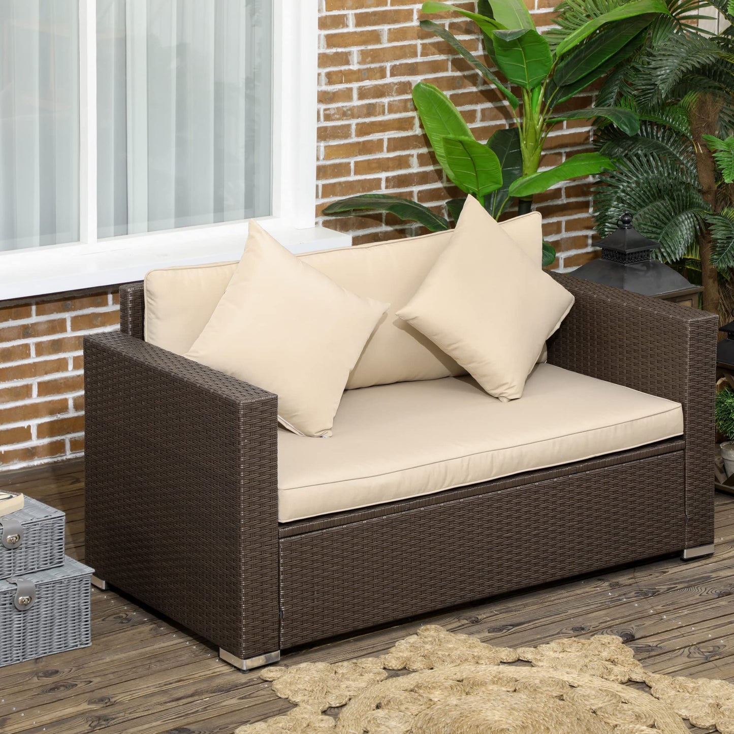 Outsunny Patio Wicker Loveseat with Cushions, 2-Seat Outdoor PE Rattan Couch, Sofa with Throw Pillows for Porch, Backyard, Garden, Poolside, Beige - CookCave