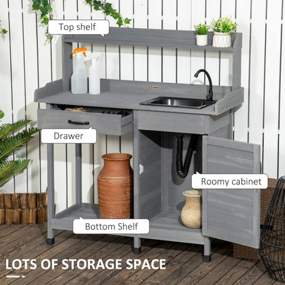 Outsunny Potting Bench Table with Sink, Outdoor Work Bench Table with Storage Cabinet, Hooks, Removable Sink, Faucet and Drawer for Greenhouse, Garden, Patio, Gray - CookCave