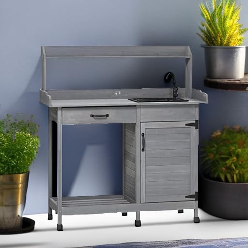 Outsunny Potting Bench Table with Sink, Outdoor Work Bench Table with Storage Cabinet, Hooks, Removable Sink, Faucet and Drawer for Greenhouse, Garden, Patio, Gray - CookCave