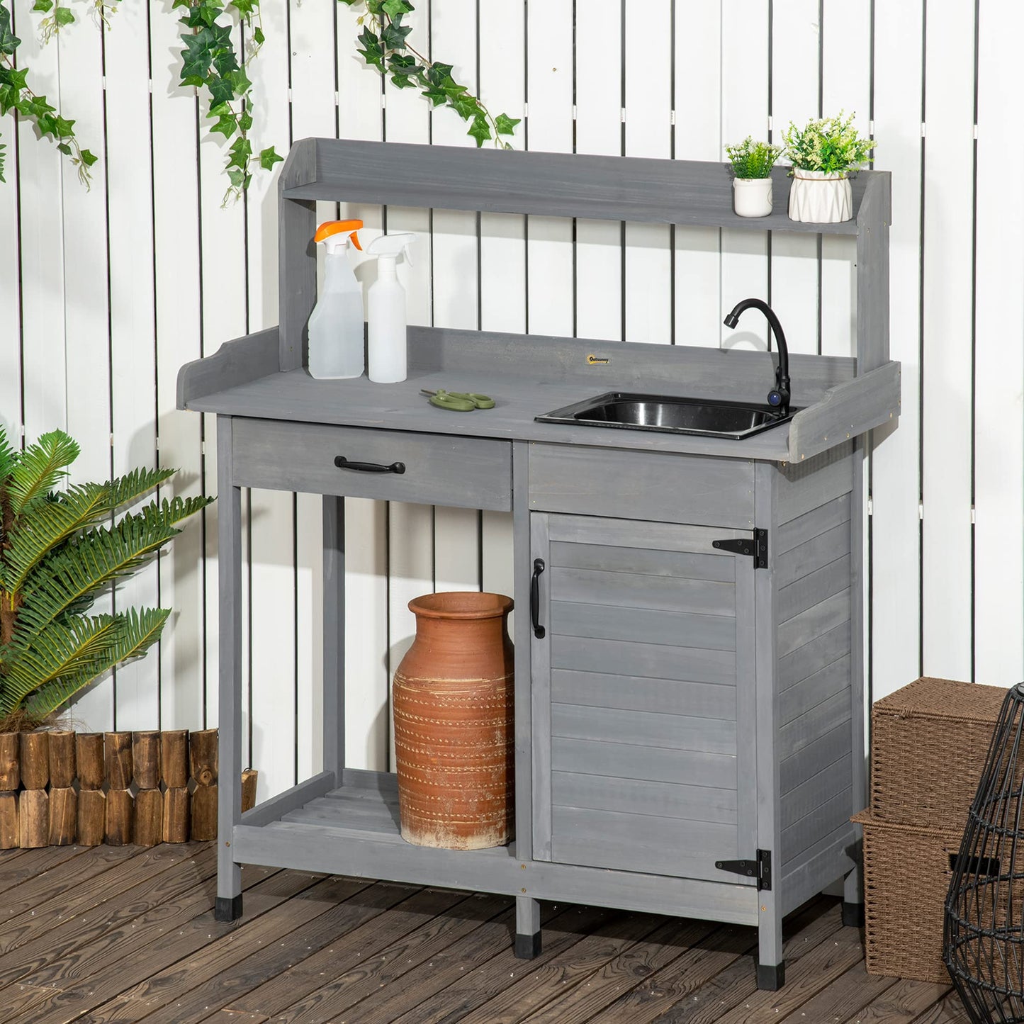Outsunny Potting Bench Table with Sink, Outdoor Work Bench Table with Storage Cabinet, Hooks, Removable Sink, Faucet and Drawer for Greenhouse, Garden, Patio, Gray - CookCave