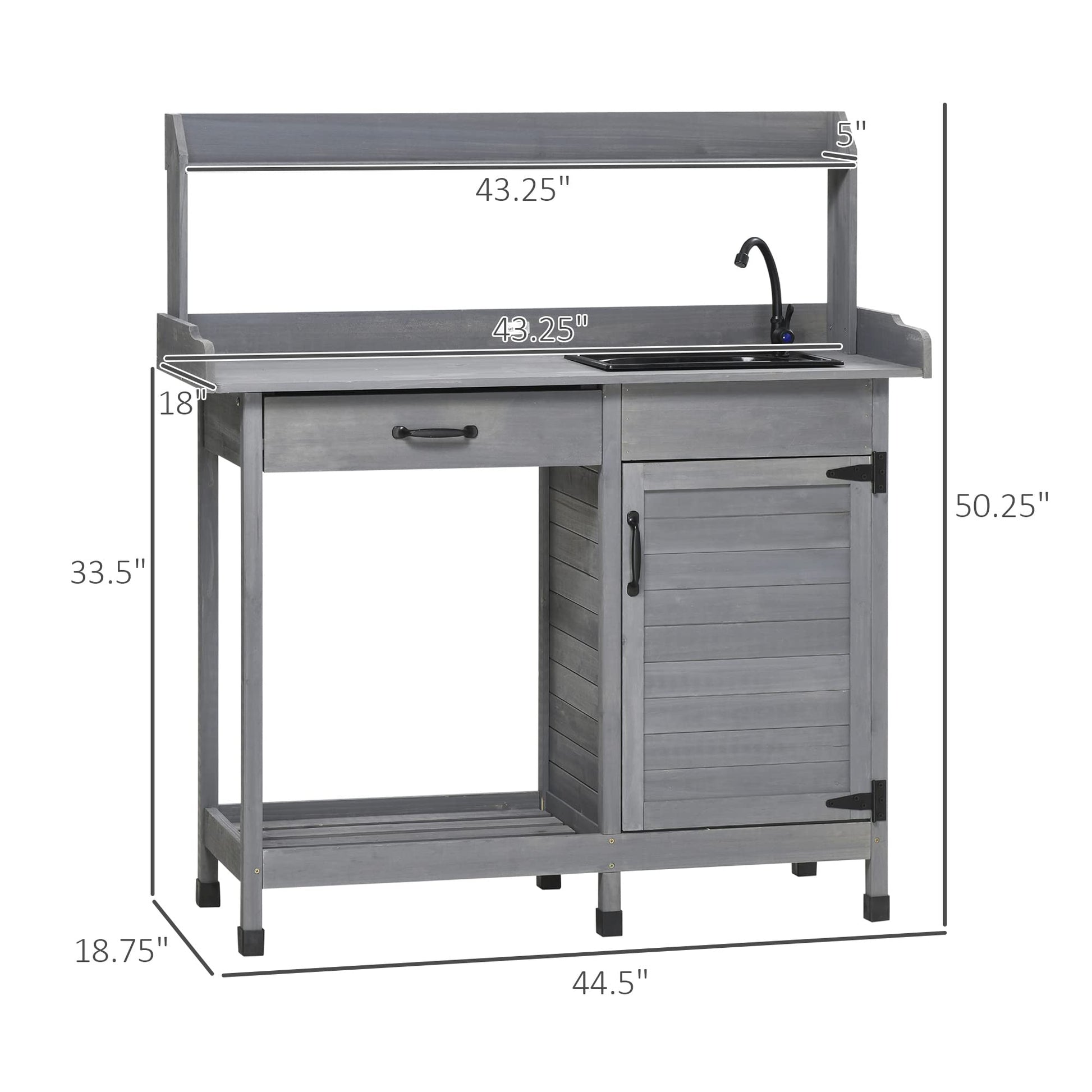 Outsunny Potting Bench Table with Sink, Outdoor Work Bench Table with Storage Cabinet, Hooks, Removable Sink, Faucet and Drawer for Greenhouse, Garden, Patio, Gray - CookCave