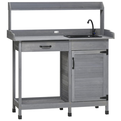 Outsunny Potting Bench Table with Sink, Outdoor Work Bench Table with Storage Cabinet, Hooks, Removable Sink, Faucet and Drawer for Greenhouse, Garden, Patio, Gray - CookCave