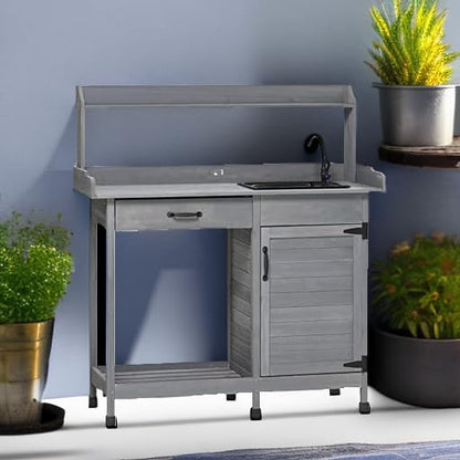 Outsunny Potting Bench Table with Sink, Outdoor Work Bench Table with Storage Cabinet, Hooks, Removable Sink, Faucet and Drawer for Greenhouse, Garden, Patio, Gray - CookCave