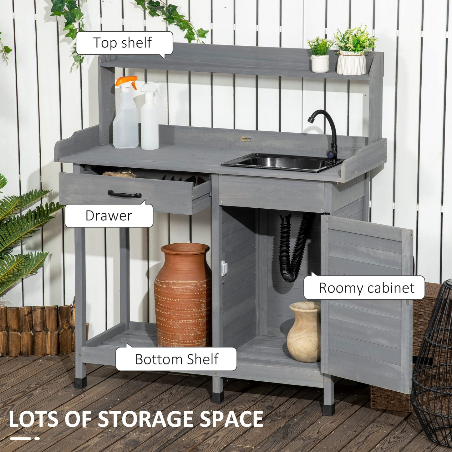 Outsunny Potting Bench Table with Sink, Outdoor Work Bench Table with Storage Cabinet, Hooks, Removable Sink, Faucet and Drawer for Greenhouse, Garden, Patio, Gray - CookCave