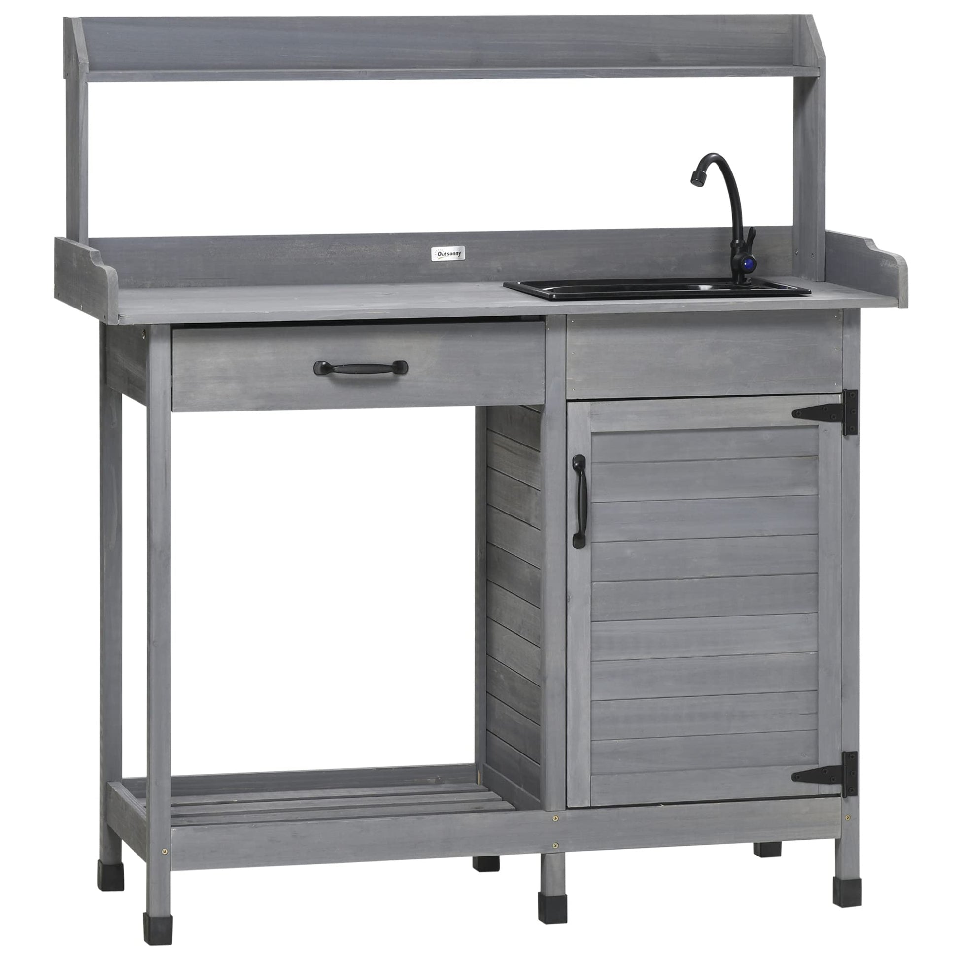 Outsunny Potting Bench Table with Sink, Outdoor Work Bench Table with Storage Cabinet, Hooks, Removable Sink, Faucet and Drawer for Greenhouse, Garden, Patio, Gray - CookCave