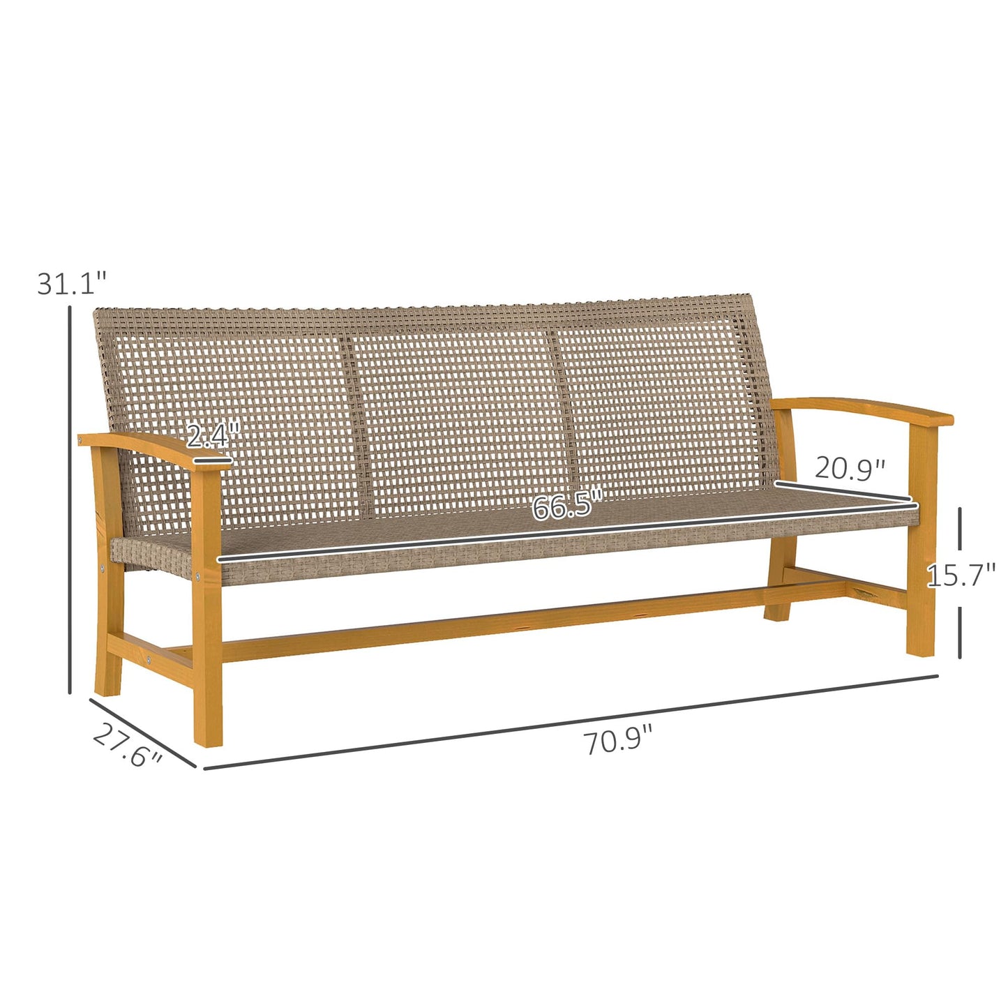 Outsunny Wicker Outdoor Couch, 3-Seat Rattan Outdoor Patio Sofa, 1000 lbs. Capacity, Acacia Wood Patio Furniture Couch with Steel Seat and Armrests for Backyard, Porch, Teak - CookCave