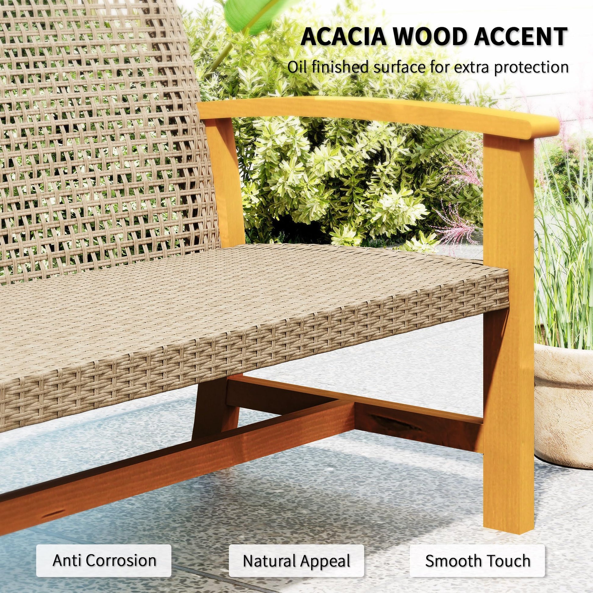 Outsunny Wicker Outdoor Couch, 3-Seat Rattan Outdoor Patio Sofa, 1000 lbs. Capacity, Acacia Wood Patio Furniture Couch with Steel Seat and Armrests for Backyard, Porch, Teak - CookCave