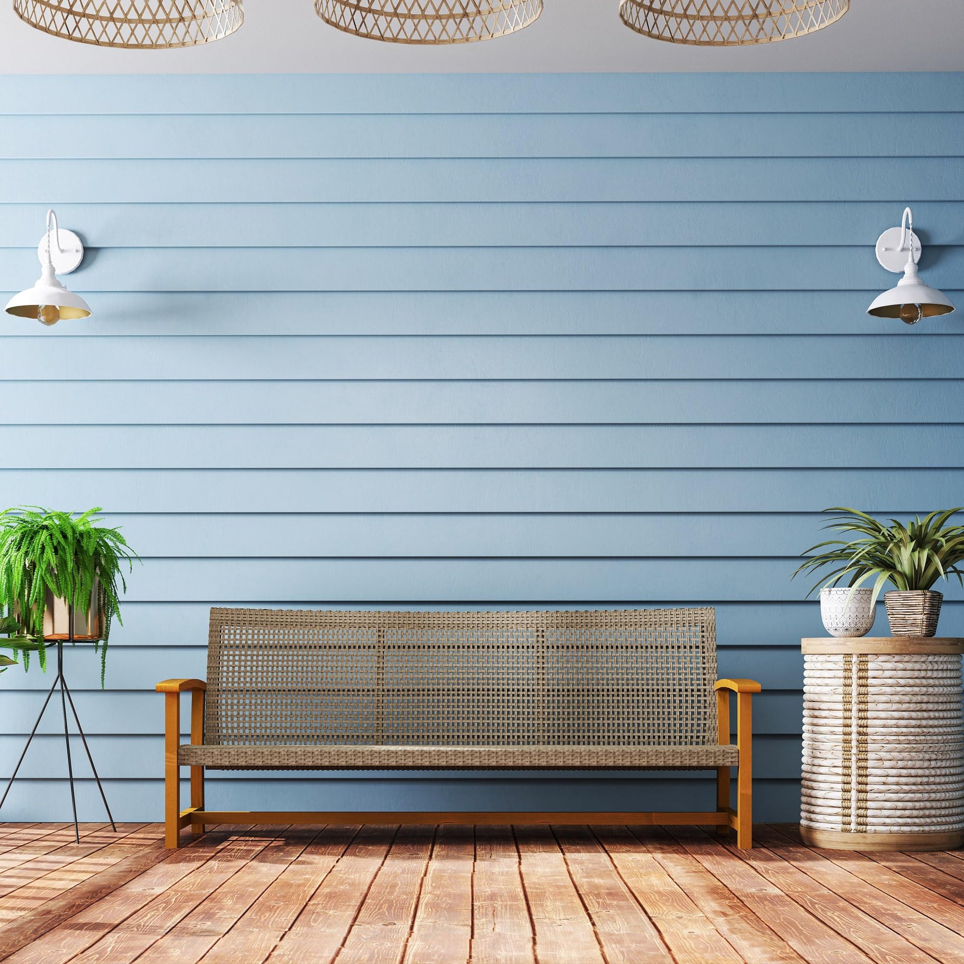 Outsunny Wicker Outdoor Couch, 3-Seat Rattan Outdoor Patio Sofa, 1000 lbs. Capacity, Acacia Wood Patio Furniture Couch with Steel Seat and Armrests for Backyard, Porch, Teak - CookCave