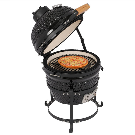 Outvita Ceramic Grill, 13" Round Kamado Charcoal Grill, Portable Barbecue Grill with Thermometer for Variations on Cooking Methods(Black) - CookCave