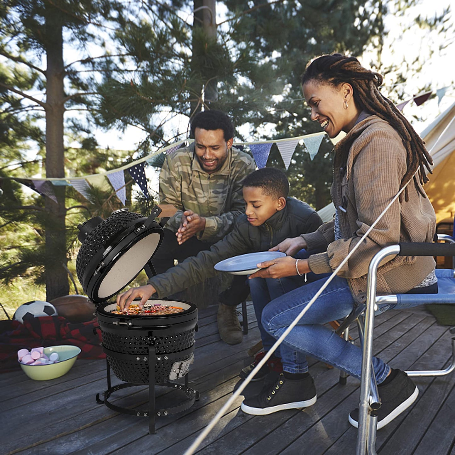 Outvita Ceramic Grill, 13" Round Kamado Charcoal Grill, Portable Barbecue Grill with Thermometer for Variations on Cooking Methods(Black) - CookCave