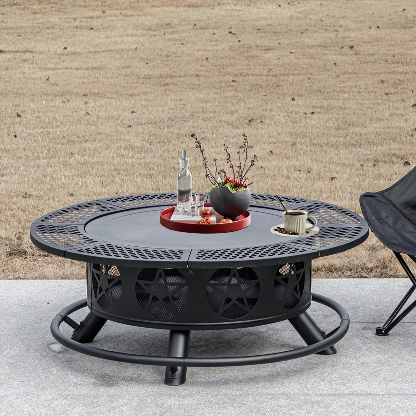 OutVue 36 Inch Fire Pit with 2 Grills, Wood Burning Fire Pits for Outside with Lid & Poker, BBQ& Outdoor Firepit & Round Metal Table 3 in 1 for Patio, Picnic, Party - CookCave