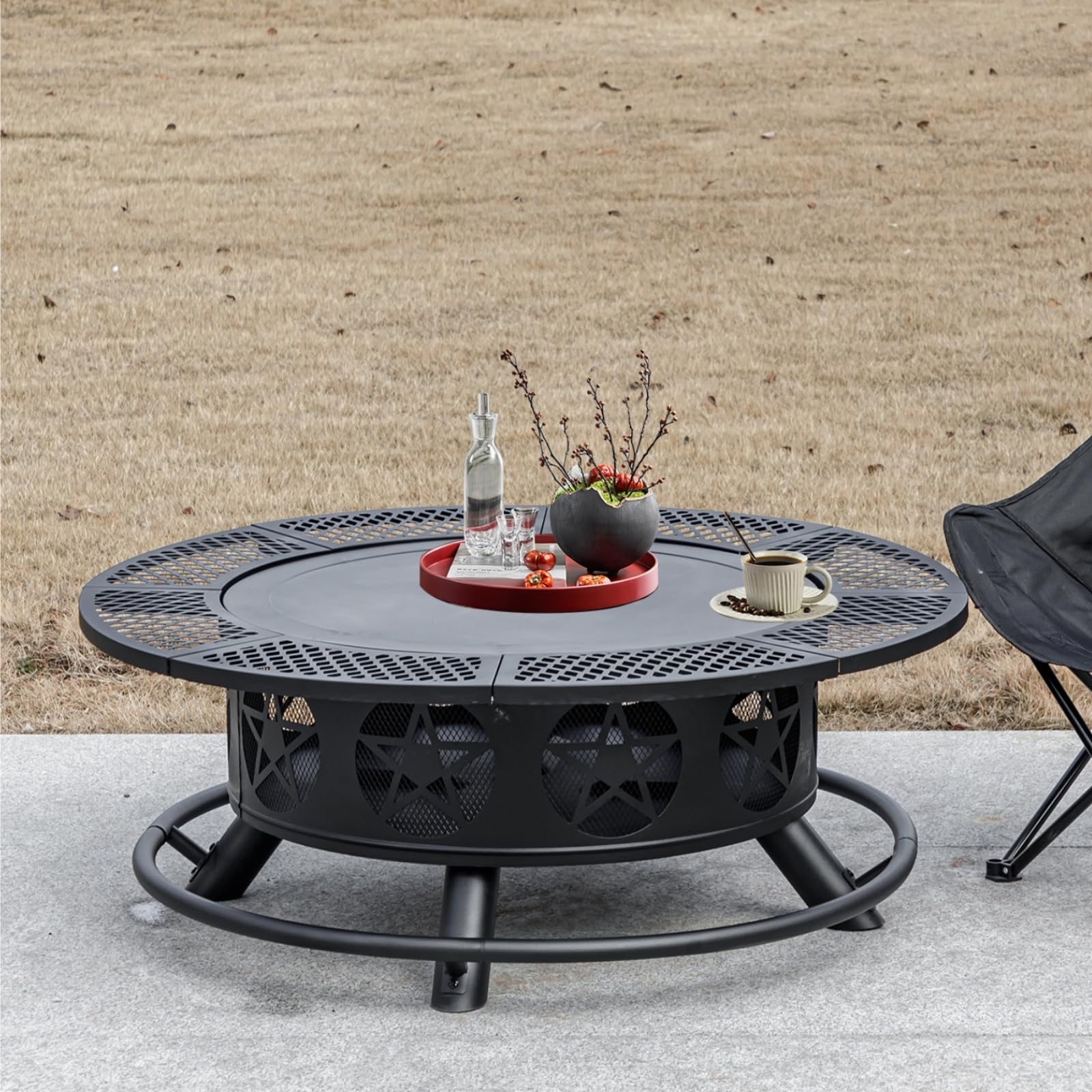 OutVue 36 Inch Fire Pit with 2 Grills, Wood Burning Fire Pits for Outside with Lid & Poker, BBQ& Outdoor Firepit & Round Metal Table 3 in 1 for Patio, Picnic, Party - CookCave