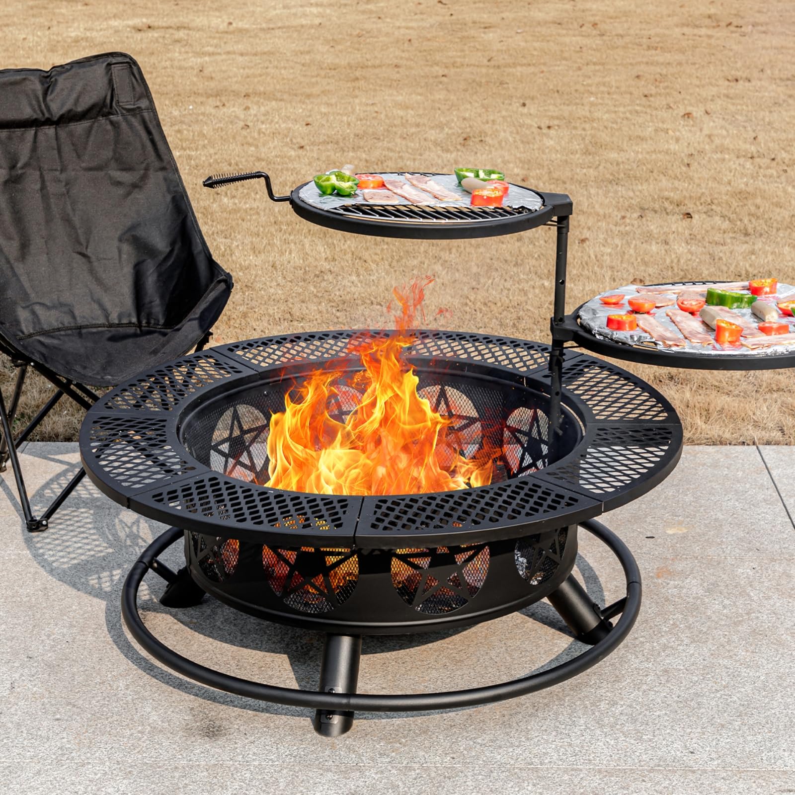 OutVue 36 Inch Fire Pit with 2 Grills, Wood Burning Fire Pits for Outside with Lid & Poker, BBQ& Outdoor Firepit & Round Metal Table 3 in 1 for Patio, Picnic, Party - CookCave