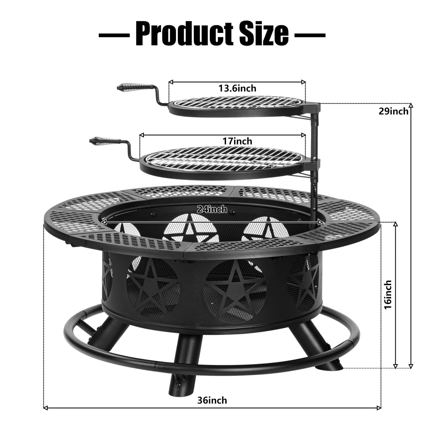 OutVue 36 Inch Fire Pit with 2 Grills, Wood Burning Fire Pits for Outside with Lid & Poker, BBQ& Outdoor Firepit & Round Metal Table 3 in 1 for Patio, Picnic, Party - CookCave