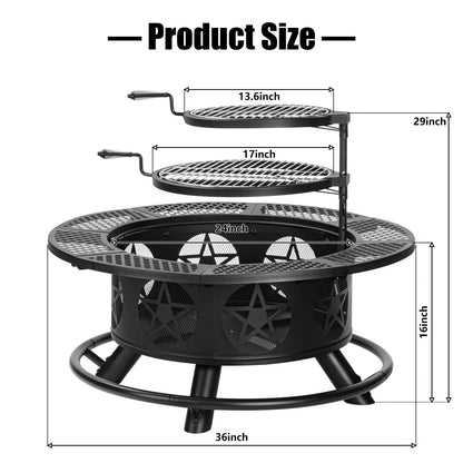 OutVue 36 Inch Fire Pit with 2 Grills, Wood Burning Fire Pits for Outside with Lid & Poker, BBQ& Outdoor Firepit & Round Metal Table 3 in 1 for Patio, Picnic, Party - CookCave