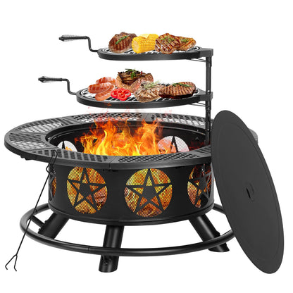 OutVue 36 Inch Fire Pit with 2 Grills, Wood Burning Fire Pits for Outside with Lid & Poker, BBQ& Outdoor Firepit & Round Metal Table 3 in 1 for Patio, Picnic, Party - CookCave