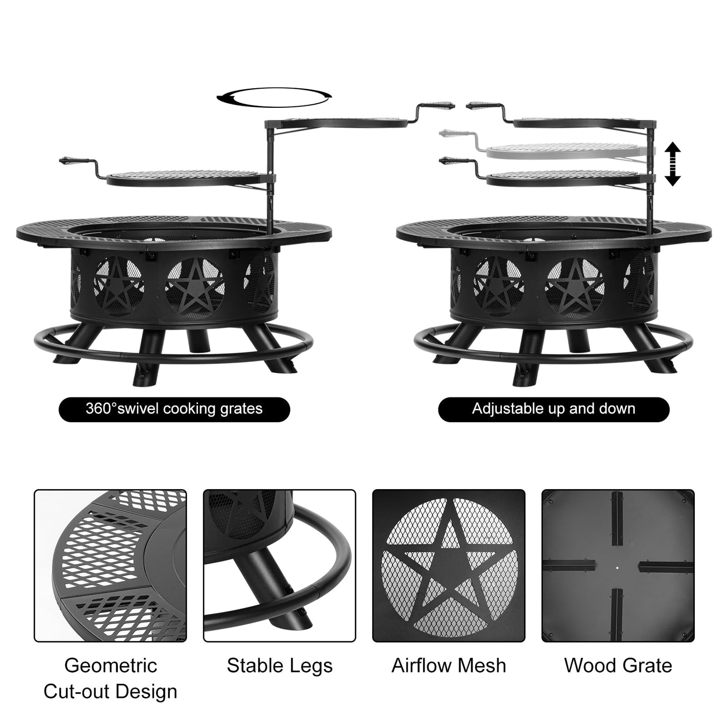 OutVue 36 Inch Fire Pit with 2 Grills, Wood Burning Fire Pits for Outside with Lid & Poker, BBQ& Outdoor Firepit & Round Metal Table 3 in 1 for Patio, Picnic, Party - CookCave