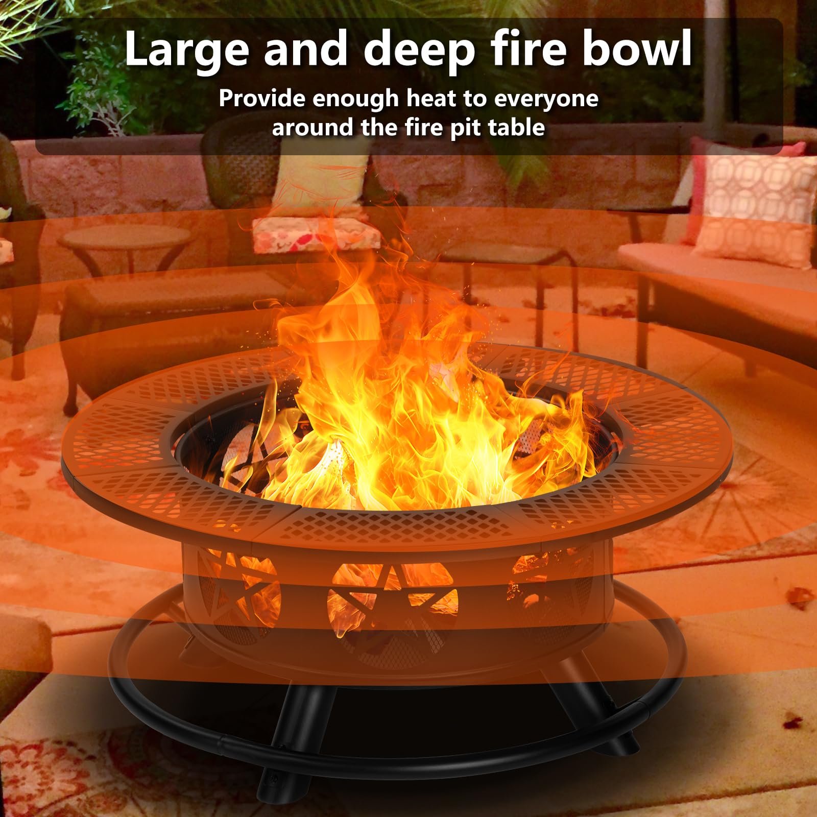 OutVue 36 Inch Fire Pit with 2 Grills, Wood Burning Fire Pits for Outside with Lid & Poker, BBQ& Outdoor Firepit & Round Metal Table 3 in 1 for Patio, Picnic, Party - CookCave