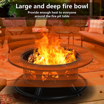 OutVue 36 Inch Fire Pit with 2 Grills, Wood Burning Fire Pits for Outside with Lid & Poker, BBQ& Outdoor Firepit & Round Metal Table 3 in 1 for Patio, Picnic, Party - CookCave