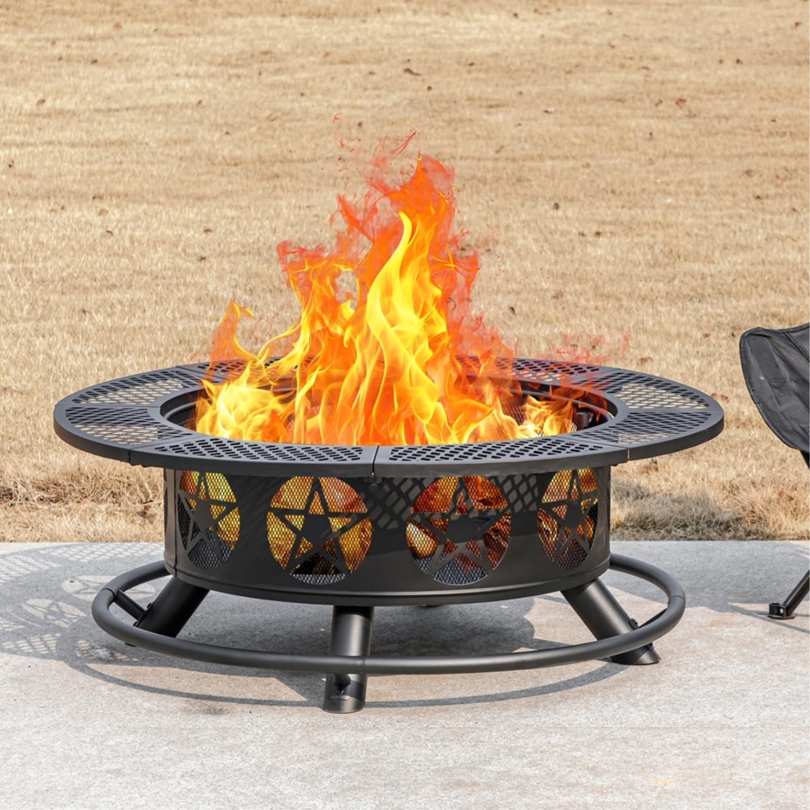 OutVue 36 Inch Fire Pit with 2 Grills, Wood Burning Fire Pits for Outside with Lid & Poker, BBQ& Outdoor Firepit & Round Metal Table 3 in 1 for Patio, Picnic, Party - CookCave