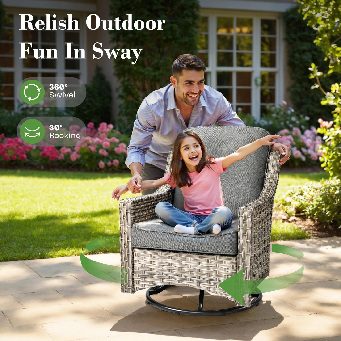 ovios 5 Piece Outdoor Patio Furniture with 3 Seat Sofa,Rattan Wicker Coversation Set with Swivel Rocking Chair,Balcony Sofa Set with Shiny Table for Outside Porch Backyard Pool,Dark Grey - CookCave