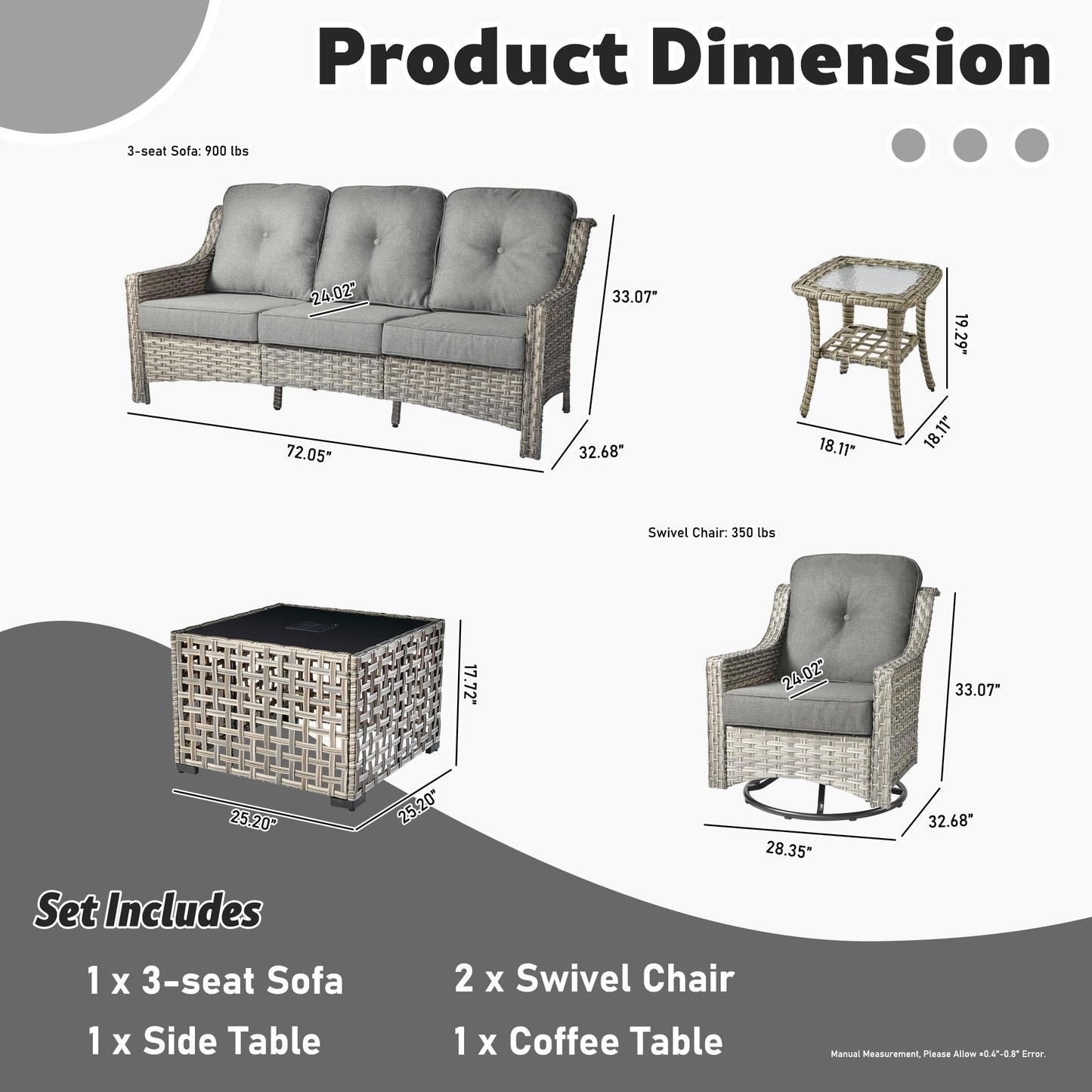 ovios 5 Piece Outdoor Patio Furniture with 3 Seat Sofa,Rattan Wicker Coversation Set with Swivel Rocking Chair,Balcony Sofa Set with Shiny Table for Outside Porch Backyard Pool,Dark Grey - CookCave