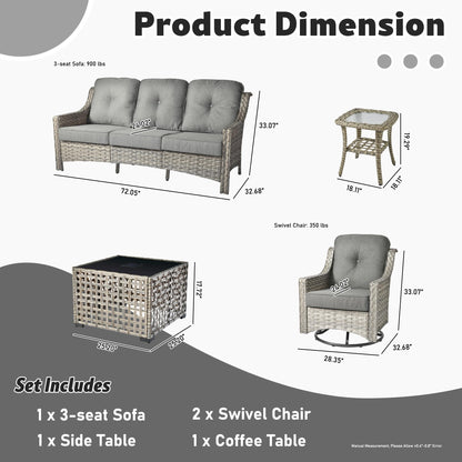 ovios 5 Piece Outdoor Patio Furniture with 3 Seat Sofa,Rattan Wicker Coversation Set with Swivel Rocking Chair,Balcony Sofa Set with Shiny Table for Outside Porch Backyard Pool,Dark Grey - CookCave