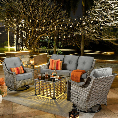 ovios 5 Piece Outdoor Patio Furniture with 3 Seat Sofa,Rattan Wicker Coversation Set with Swivel Rocking Chair,Balcony Sofa Set with Shiny Table for Outside Porch Backyard Pool,Dark Grey - CookCave