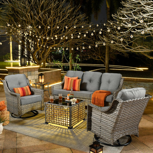 ovios 5 Piece Outdoor Patio Furniture with 3 Seat Sofa,Rattan Wicker Coversation Set with Swivel Rocking Chair,Balcony Sofa Set with Shiny Table for Outside Porch Backyard Pool,Dark Grey - CookCave