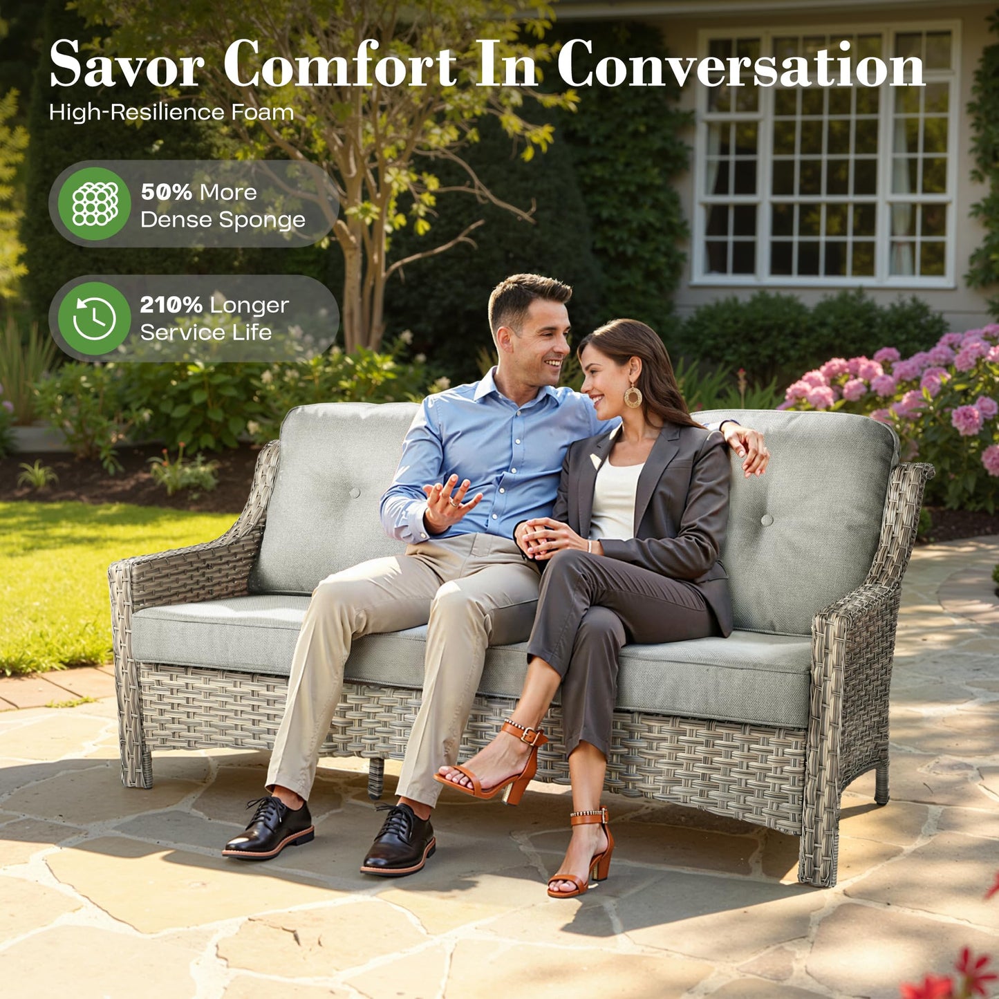 ovios 5 Piece Outdoor Patio Furniture with 3 Seat Sofa,Rattan Wicker Coversation Set with Swivel Rocking Chair,Balcony Sofa Set with Shiny Table for Outside Porch Backyard Pool,Dark Grey - CookCave