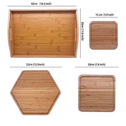 PAFREWOG Bamboo Serving Trays Charcuterie Platter 16.5"x11.8"（42x30cm with Handle, Set Includes 1xHexagon 12.5"(32cm)+1xSquare 7.8"(20cm)+1xSquare 5.9"(15cm) Small Plates for Family Dinner - CookCave