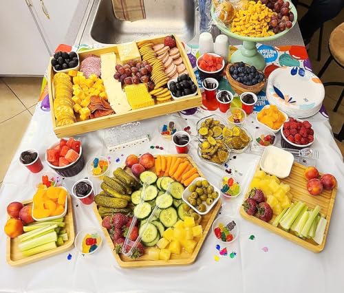 PAFREWOG Bamboo Serving Trays Charcuterie Platter 16.5"x11.8"（42x30cm with Handle, Set Includes 1xHexagon 12.5"(32cm)+1xSquare 7.8"(20cm)+1xSquare 5.9"(15cm) Small Plates for Family Dinner - CookCave