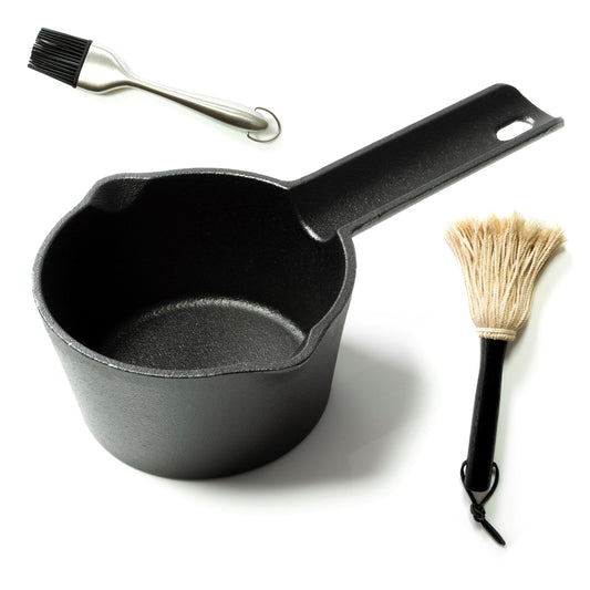 Pajaso Design - Cast Iron Basting Pot Set for Grill Cooking - Melting Pan for BBQ - Complete with Glaze Brush and Sauce Mop - CookCave