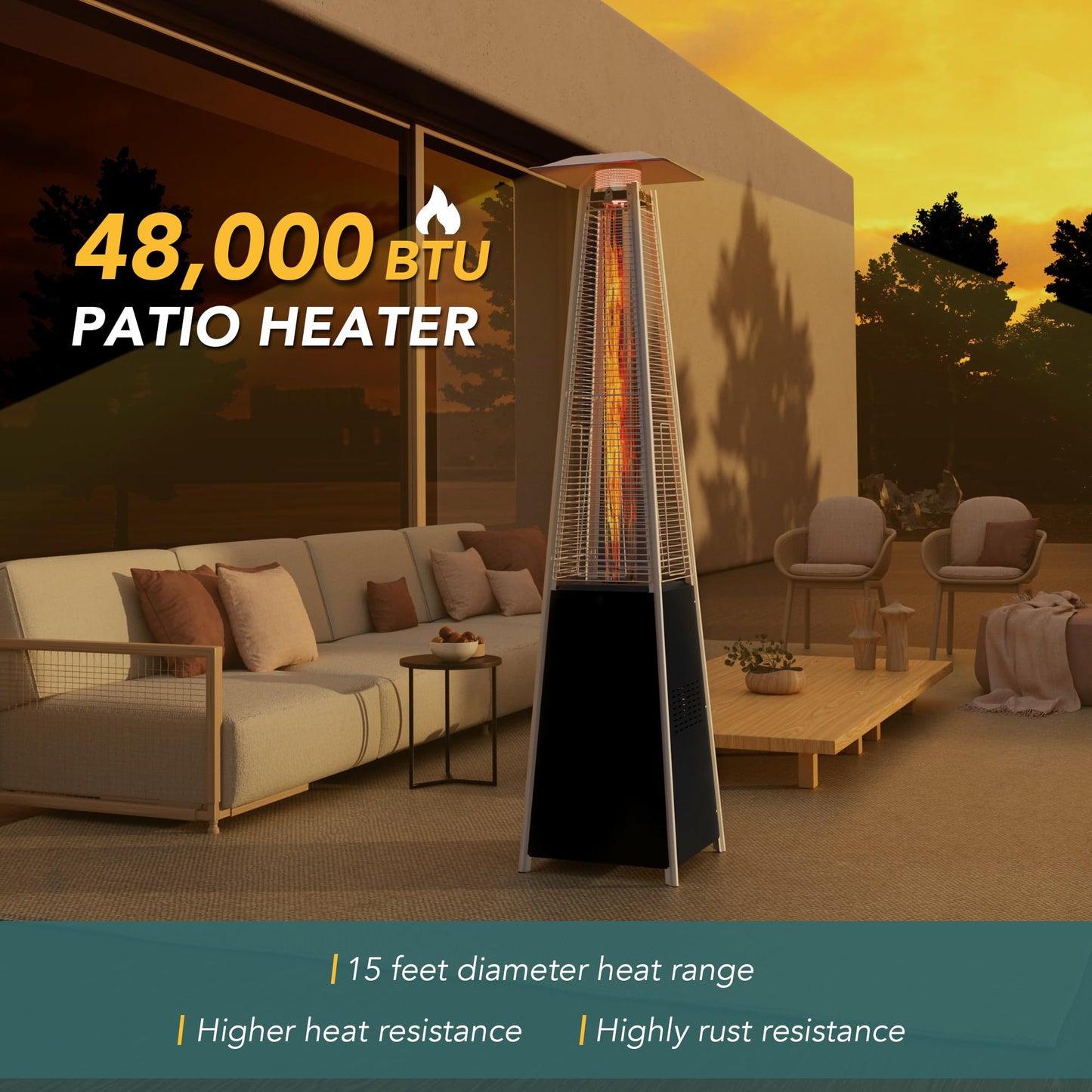 Pamapic Patio Heater with Cover, 48,000 BTU Pyramid Flame Outdoor Heater Quartz Glass Tube Propane - CookCave