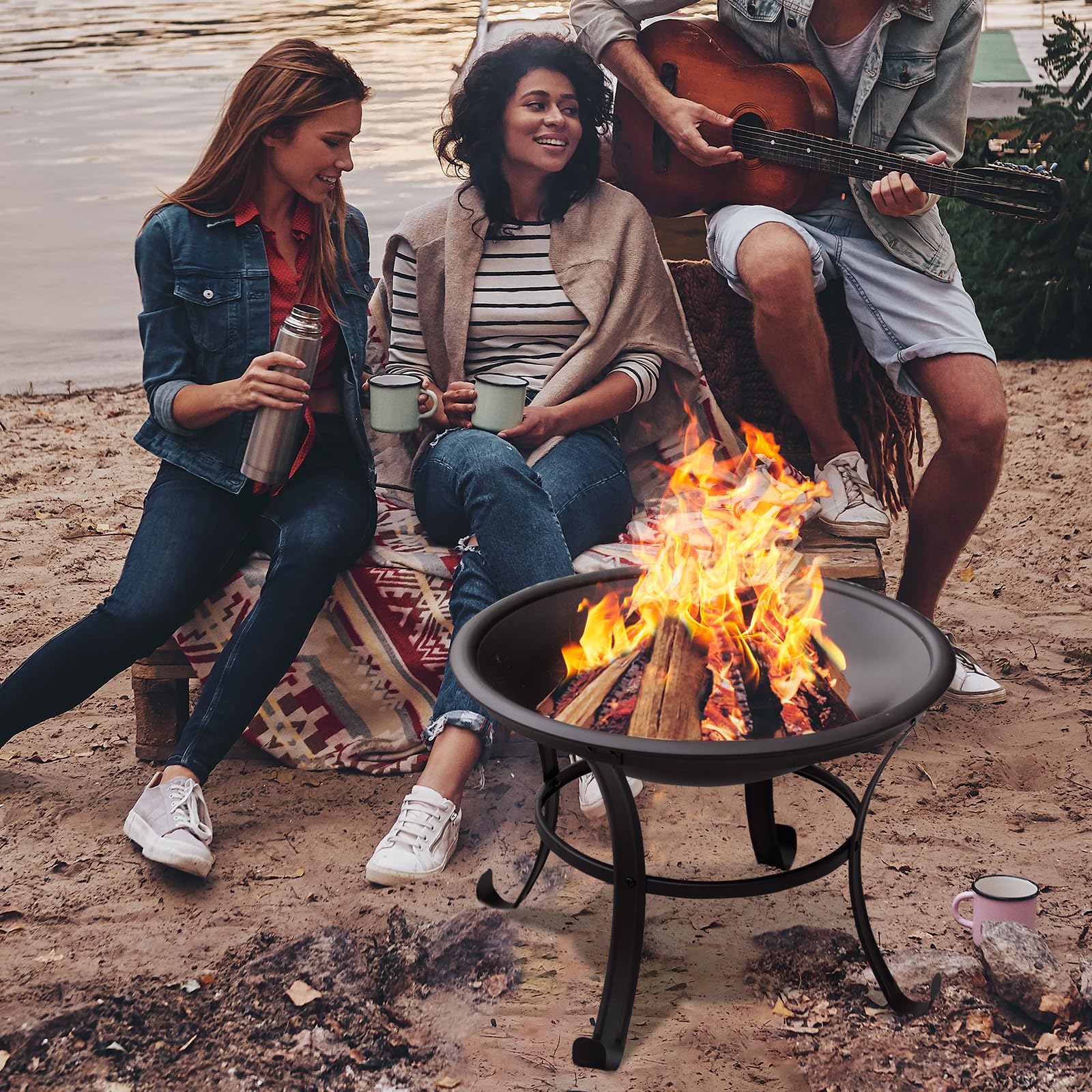 Panovue 22 in Firepit for Outside Outdoor Small Fire Pit,Durable Firepit with Mesh Lid,Log Grate,and Fire Poker,Fire Pit for Outside Backyard.Deck.Camping and Picnic - CookCave